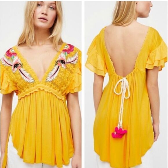 FREE PEOPLE Embroidered FIESTA NUEVA Tunic Top Yellow Size XS - Picture 4 of 10